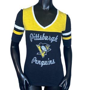47 Brand Pittsburgh Penguin Baseball Tee V Neck Womens Size Small